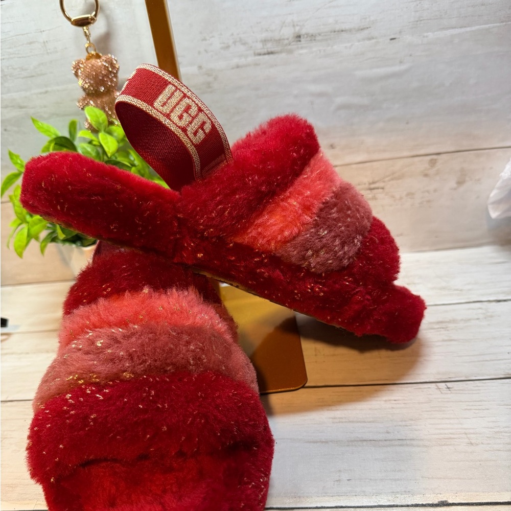 UGG Red and Pink Striped Fuzzy Slippers